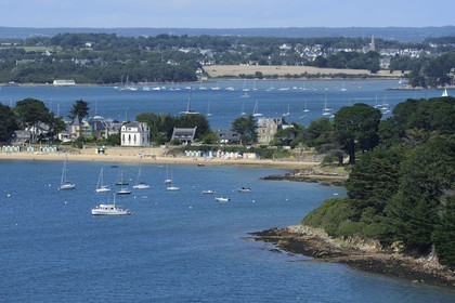 France, Morbihan, Gulf of Morbihan (Golfe du Morbihan), Ile aux Moines, Lerio Beach (aerial view)