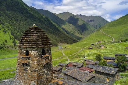 Georgia, Kakheti, Tusheti National Park, Alazani River Valley in the mountains of Pirikiti, village of Dartlo (aerial view).