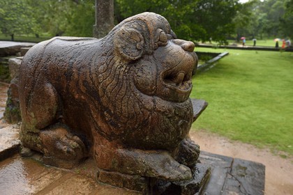 Sri Lanka, North Central province, Polonnaruwa, the former capital of the country (11th to 13th century) listed as World Heritage by UNESCO, Council Chamber (Raja Sabahawa) dating from the 12th century, lion standing up the stairs