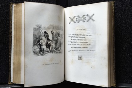 France, Aisne (02), Château-Thierry, Musée Jean de La Fontaine - Ville de Chateau-Thierry, livre des Fables de La Fontaine, édition illustrée (Fournier Aîné 1839 - 1e édition en 1838) par le caricaturiste Jean Jacques Grandville, le Renard et les Raisins fable XI du livre III