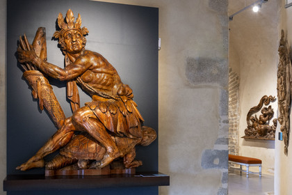 France, Finistère, Brest, the National Maritime Museum in the castle, room dedicated to naval decoration, wooden statues, American Indian, stern decoration of an unidentified naval vessel, high relief 18th century