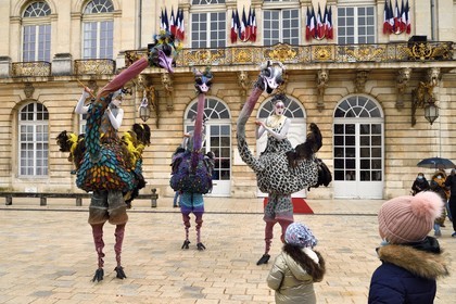 France, Meurthe-et-Moselle (54), Nancy, place Stanislas (ancienne Place Royale) lors de la fête de la Saint-Nicolas, classée Patrimoine Mondial de l'UNESCO, les Struzzi autruches de la compagnie Teatro Pavana
