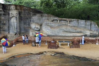 Sri Lanka,  North Central province, Polonnaruwa, the former capital of the country (11th to 13th century) listed as World Heritage by UNESCO, huge buddha cut in rock of Gal Vihara, reclining Buddha