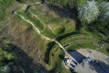 France, Meuse, Lorraine Regional Park, Cotes de Meuse, Les Eparges, traces of fighting of one of the bloodiest battles of the First World War, shell holes and point X Monument in memory of  Those who have no grave (aerial view)