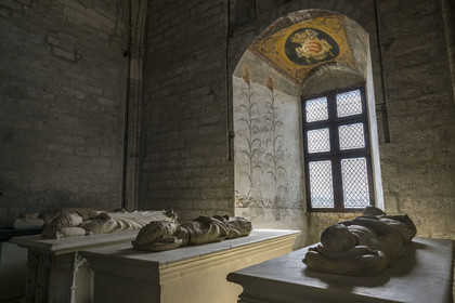 France, Vaucluse, Avignon, Palais des Papes (Palace of the Popes) listed as World heritage by UNESCO, South Sacristy adjoining the Great Chapel, casts representing the recumbent figures of Popes Clement V, Clement VI, Innocent VI and Urban V