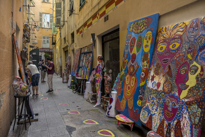 France, Alpes-Maritimes, Nice, listed as World Heritage by UNESCO, Old Nice, the painter Paulin Nikolli exhibiting his work in the rue Place Vieille