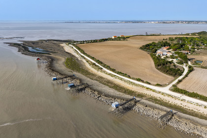 France, Charente Maritime, Port des Barques, Ile Madame, the farm and cabins on stilts called carrelets (aerial view)