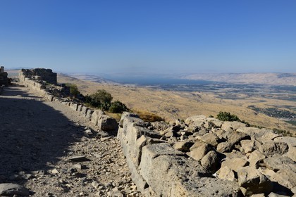 Israel, district Nord, Galilée, l'Etoile du Jourdain, la forteresse croisée de Belvoir tenue par les Hospitaliers entre 1168 et 1189 qui surplombe la vallée du Jourdain, les montagne de Jordanie en arrière plan