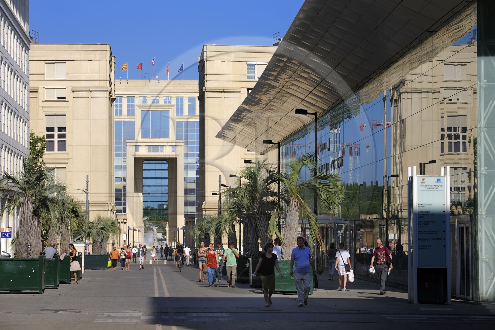 France, Herault, Montpellier, Antigone District by the architect Ricardo Bofill, Olympic-size swimming pool and the allee de Délos