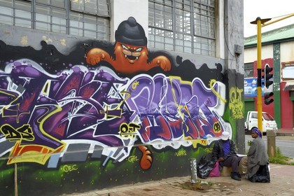 South Africa, Gauteng Province, Johannesburg, CBD (Central Business District), Newtown, murals on the walls of the warehouse under the M1 De Villiers Graaff motorway