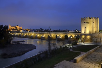 Spain, Andalusia, Cordoba, historical center listed as World Heritage by UNESCO, the Calahorra Tower, the 1st century BC Roman bridge over Guadalquivir river and the Mosque Cathedral in the background