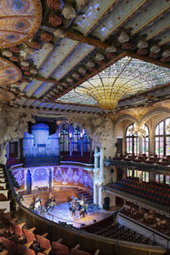Spain, Catalonia, Barcelona, Palau de la Musica Catalana (Catalan Music Palace), concert hall designed by the architect of Catalan modernism Lluis Domènech i Montaner, a UNESCO World Heritage Site, large glass roof, stained glass dome work of Antoni Rigalt i Blanch