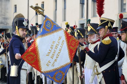Italie, Ligurie, Sarzana, Napoleon Festival, soldats français de la Grande Armée du 18ème Régiment d'Infanterie de Ligne dont la devise était Valeur et Discipline