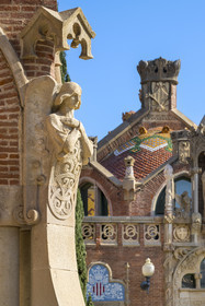Spain, Catalonia, Barcelona, El Guinardo district, former Hospital de la Santa Creu i de Sant Pau listed as UNESCO World Heritage, modernist style by architect Domenech i Montaner, today a museum and a cultural center, detail of the decoration of the pavilions