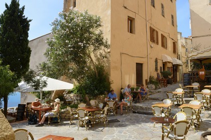 France, Haute Corse, Calvi, restaurant terrace in the citadel