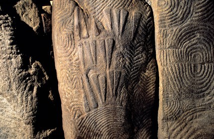 France, Morbihan, Gulf of Morbihan, covered gallery of engraved stones of the Gavrinis burial mound (tumulus) dated 3500 BC