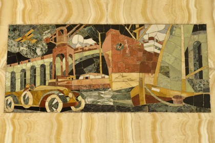 France, Marne (51), Reims, la bibliothèque Carnegie de style Art Nouveau, panneaux en marqueterie de pierre du décorateur Henri Sauvage représentent des activités intellectuelles, manuelles ou physiques