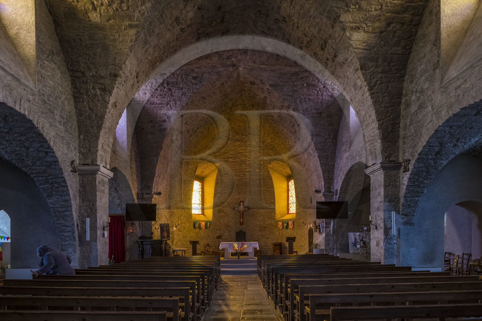 France, Aveyron, Causses and the Cévennes, cultural landscape of Mediterranean agro-pastoralism, listed as World Heritage by UNESCO, La Cavalerie, Notre-Dame du Larzac de La Cavalerie, the nave and the choir