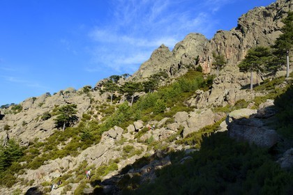 France, Corse-du-Sud (2A), Alta Rocca, Aiguilles de Bavella, randonneurs sur la variante alpine de l'étape du GR 20