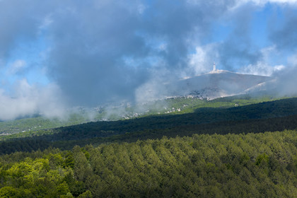 France, Vaucluse (84), Parc Naturel Régional du Mont Ventoux, Bedoin, la station météo au sommet du Mont Ventoux (1910m) et la forêt du versant sud de la montagne