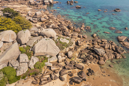 France, Côtes-d'Armor (22), Côte de Granit Rose, Trégastel, Ile Renote, le chaos granitique émerge de la plage à marée basse (vue aérienne)