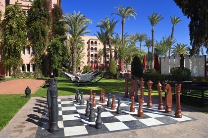 Morocco, High Atlas, Marrakech, Imperial city, Hivernage district, Hotel Sofitel Marrakech Palais Imperial, giant chess game in the gardens