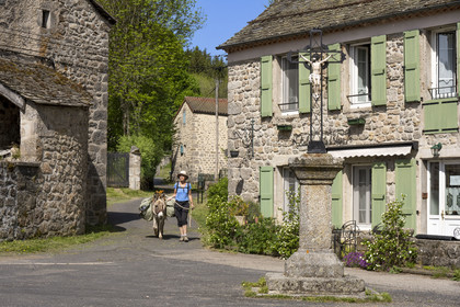 France, Lozère (48), Cheylard-l'Evêque, traversée du village pendant la randonnée avec un âne sur le chemin de Stevenson (GR 70)