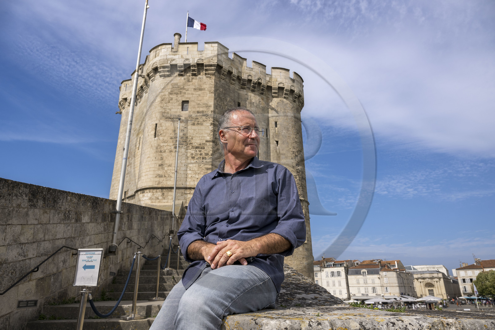 France, Charente Maritime, La Rochelle, the Old Port, Tour Saint Nicolas protects the entrance to the Old Port, the writer and local historian Mickael Augeron