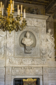 France, Seine-et-Marne, Fontainebleau, castle of Fontainebleau listed as World Heritage by UNESCO, the Guard room, monumental marble fireplace decorated with a bust of Henri IV made in 1600, attributed to Mathieu Jacquet
