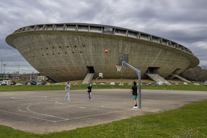 France, Loire-Atlantique, Saint-Nazaire, the Sports Palace called La Soucoupe dating from the reconstruction of the city and basketball players