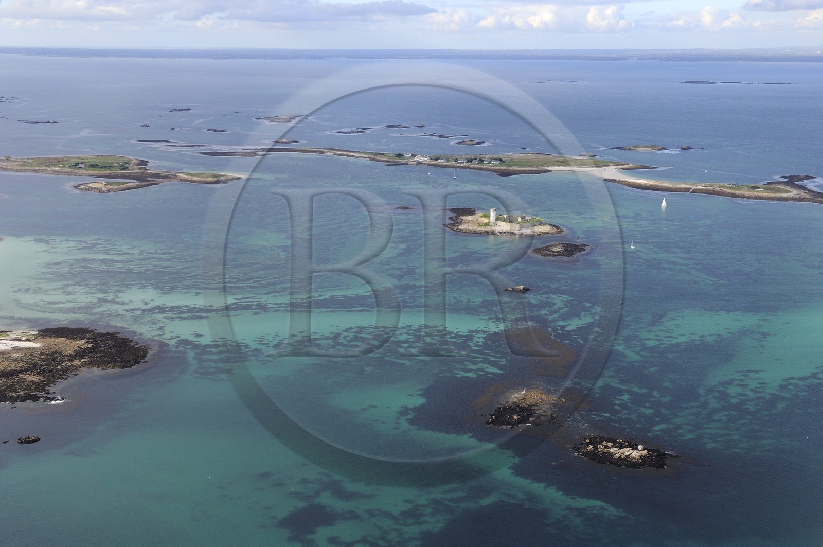 France, Finistere, La Foret Fouesnant, Glenan islands, Fort Cigogne on Cigogne Island and St Nicolas Island in the background (aerial view)