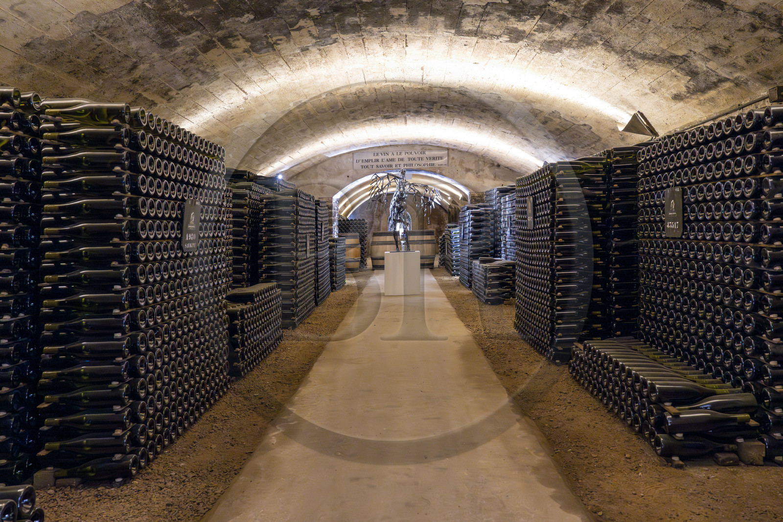France, Cote d'Or, Climats terroirs of Burgundy listed as World Heritage by UNESCO, Beaune, the cellars of Maison Patriarche, a wine merchant-breeder company, interspersed with contemporary works of art from the In Situ gallery, Angel XXV (2007) by the artist Alessandro Montalbano