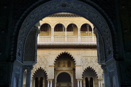 Spain, Andalusia, Seville, the Alcazar of Seville (Reales Alcazares de Sevilla), listed as World Heritage by UNESCO, the Courtyard of the Maidens (Patio de las Doncellas)