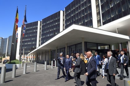 France, Bas Rhin, Strasbourg, European district, the European Parliament, the new MEP and former Italian Prime Minister Silvio Berlusconi leaving the Winston Churchill building