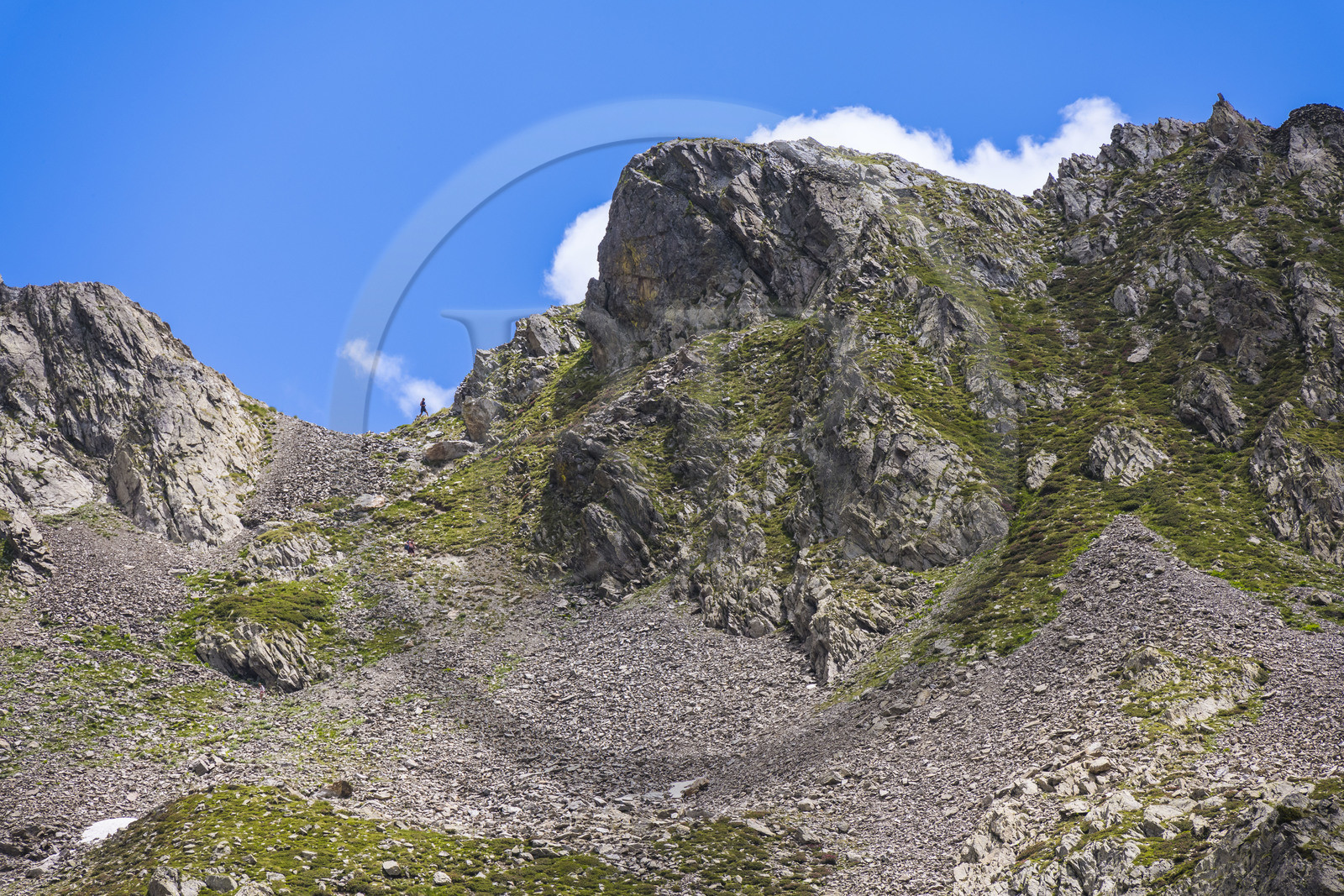 France, Alpes-Maritimes (06), parc national du Mercantour, Haute-Vésubie, Saint-Martin-Vésubie, Val du Haut Boréon, randonneur sur le col du Pas des Ladres