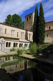 France, Hérault (34), village médiéval de Saint-Guilhem-le-Désert, étape du pélerinage de Saint-Jacques-de-Compostelle, labellisé Les Plus Beaux Villages de France, abbaye de Gellone du XIe siècle classée Patrimoine Mondial de l'UNESCO, Le cloître