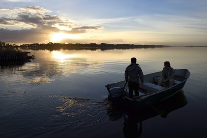 France, Haute-Corse (2B), l'étang de Biguglia (stagnu di Chjurlinu) à l'aube, Paul-Marie Ghipponi agent technique de la réserve naturelle de Corse (RNC) en patrouille sur l'étang