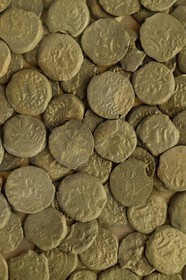 Israel, Jerusalem, Davidson Center, bronze coins called Perutot found at the Herodian street probably brought by pilgrims