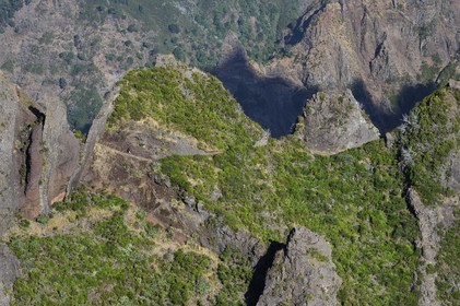 Portugal, Ile de Madère, randonneurs sur le sentier du Vereda do Areeiro entre les monts Pico Ruivo (1862m) et Pico Arieiro (1817m), vue depuis le belvédère de Ninho da Manta (nid de buse) sur la chaine de montagnes centrale