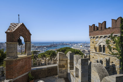 Italy, Liguria, Genoa, Castello d'Albertis Museo delle Culture del Mondo, castle of Enrico Alberto D'Albertis, Genoese explorer, navigator and travel writer (1846-1932), the Porto Antico (Old Port) and the commercial port in the background
