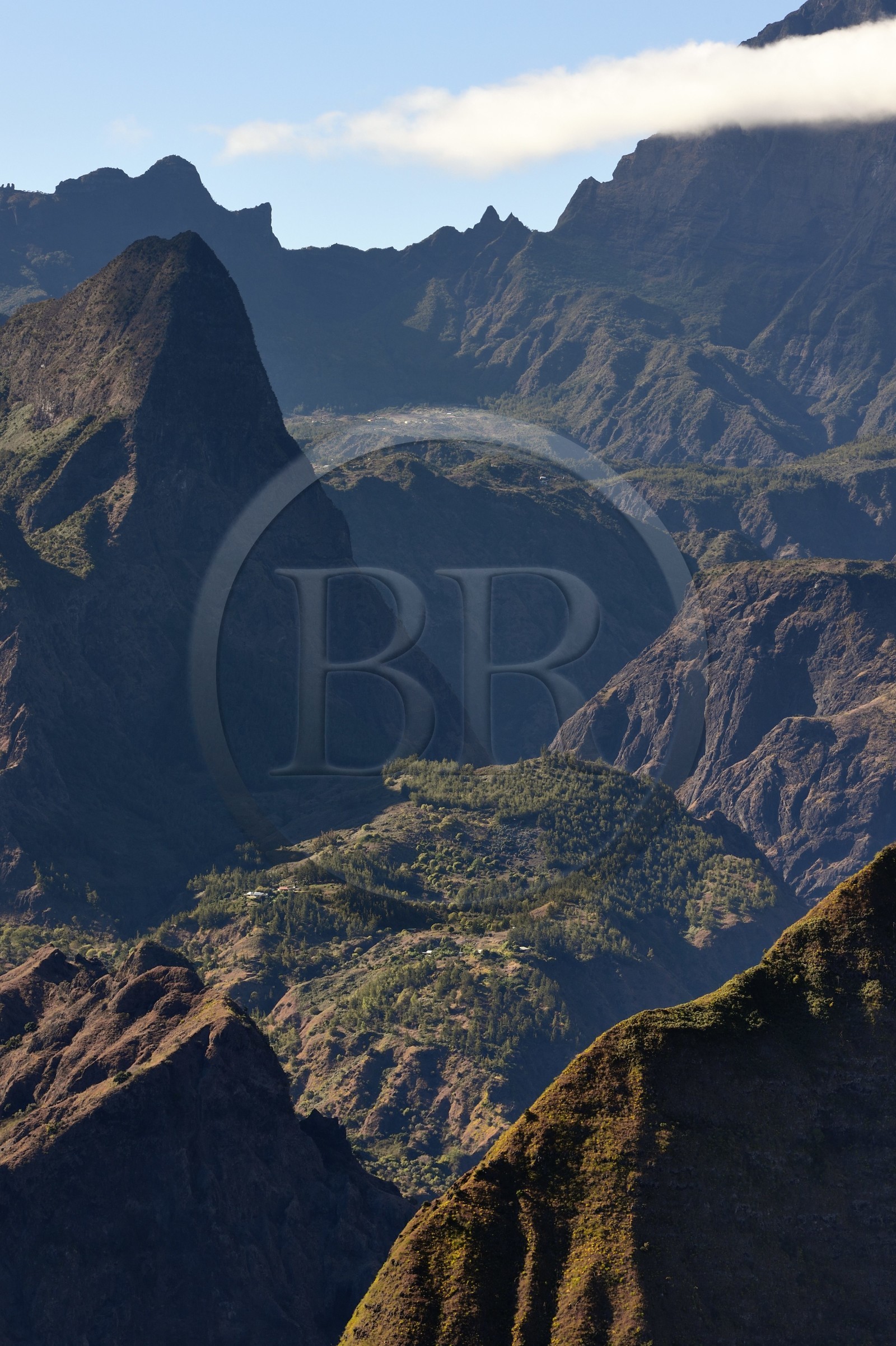 France, Reunion island (French overseas department), Reunion National Park listed as World heritage by UNESCO, La Possession, around village of Dos d'Ane, Roche Bouteille hike by the Cap Noir trail, the ilet (village) of Grand Place in the Cirque de Mafate seen from the Cap Noir kiosk