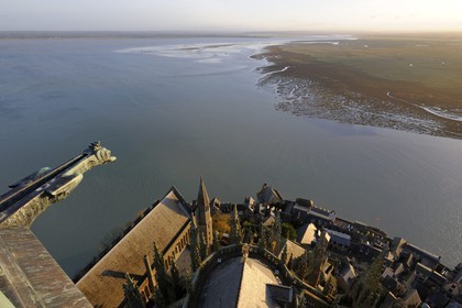 France, Manche, Mont Saint Michel, listed as World Heritage by UNESCO, Apse and the bay seen from the spire at dawn