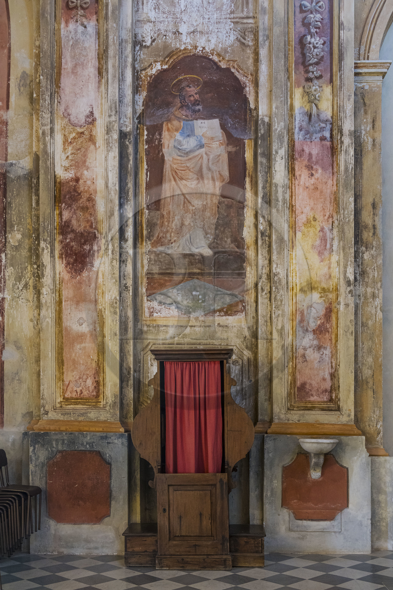 Italy, Liguria, Cinque Terre National Park listed as World Heritage by UNESCO, village of Monterosso al Mare, confessional in the Sanctuary of Nostra Signora de Soviore church