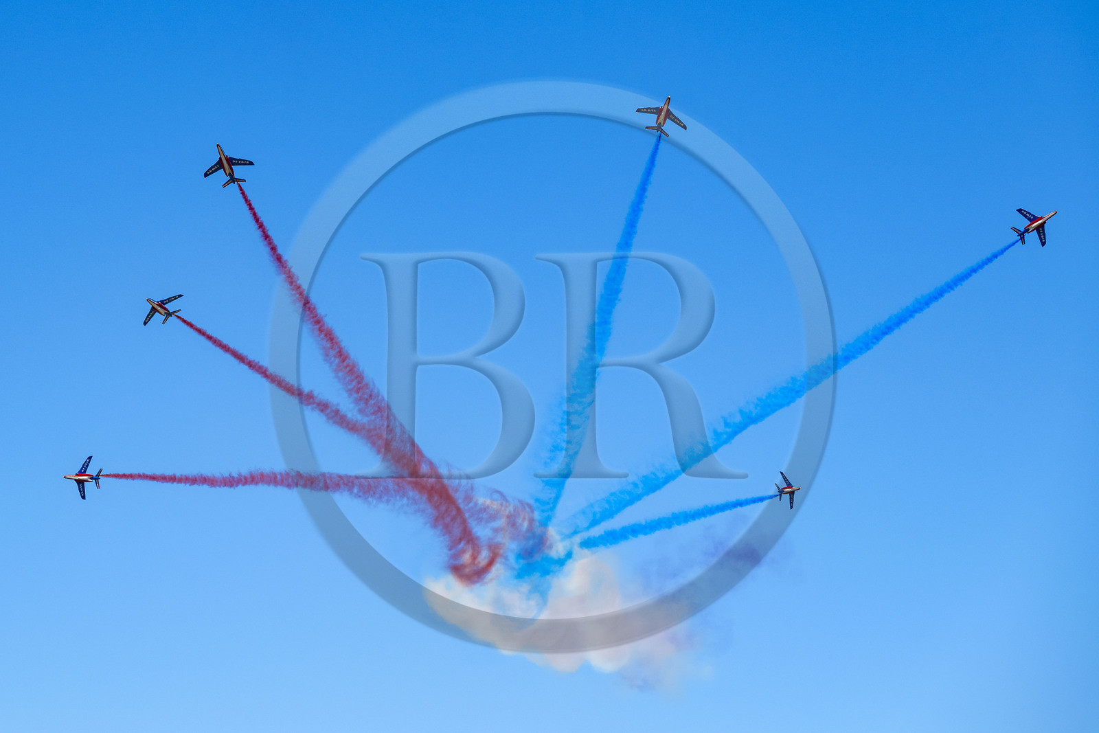 France, Bouches du Rhone, Salon de Provence, air base 701, base of the Patrouille de France (PAF for Patrouille acrobatique de France) of the French Air and Space Force, burst figure during a training flight of Alphajet aircraft