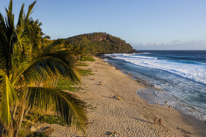 France, Ile de la Reunion, Petite-Ile sur la côte sud, plage de sable blanc de Grand-Anse au pied de piton Grande-Anse (vue aérienne)