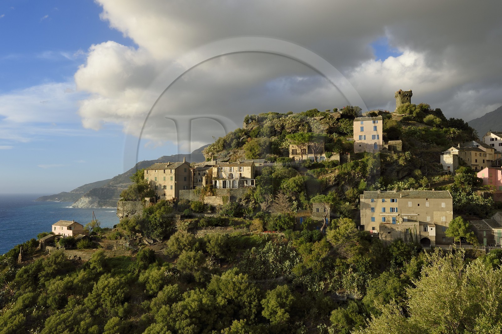 France, Haute Corse, Cap Corse, the hilltop village of Nonza and the Paoline Tower (Torra paolina)