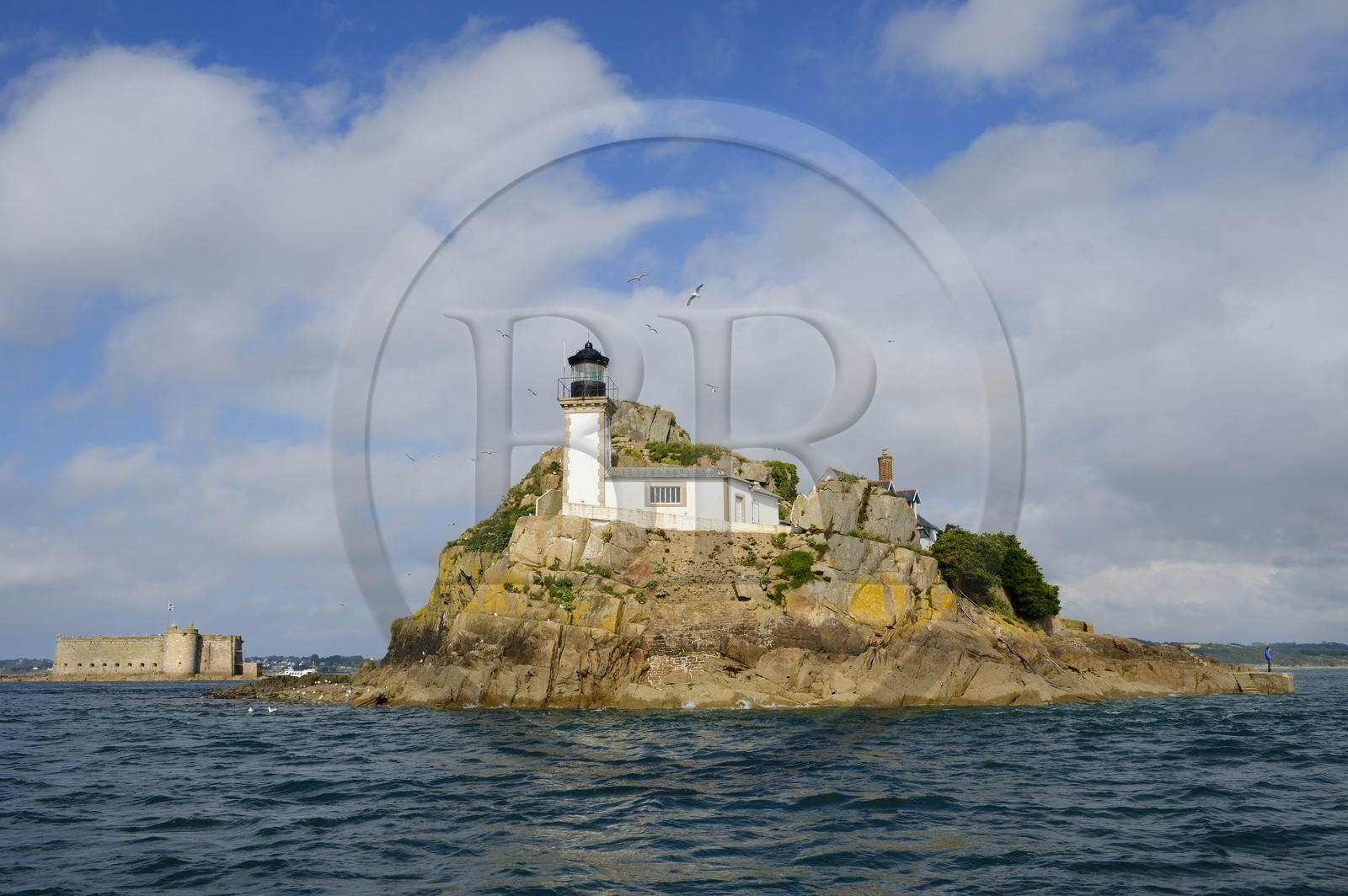 France, Finistere, Morlaix bay, Carantec, lighthouse of Louet island (also a guest house in summer) and the Chateau du Taureau