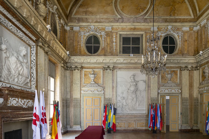 France, Côte-d'Or (21), Dijon, zone classée Patrimoine Mondial de l'UNESCO, Hotel Despringles édifié entre 1662 et 1675, salle des actes décorée de bas-reliefs en stuc imitant le marbre blanc