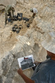 Israel, West Bank, Herodium or Herodion is a volcano-like hill with a truncated cone with a a fortress and palace build by Herod the Great (Herodion National Park), the Royal Box at King Herod's Theater excavations were conducted by Prof. Ehud Netzer and now by Yakov Kalman