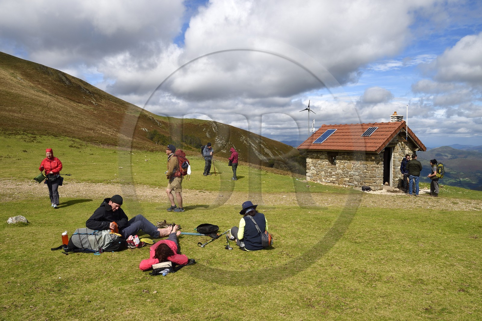Spain, Basque Country, Navarra, Camino de Santiago (the Way of St. James) between Saint Jean Pied de Port and Roncesvalles, pilgrims at the Izandorre Refuge at the Lepoeder pass